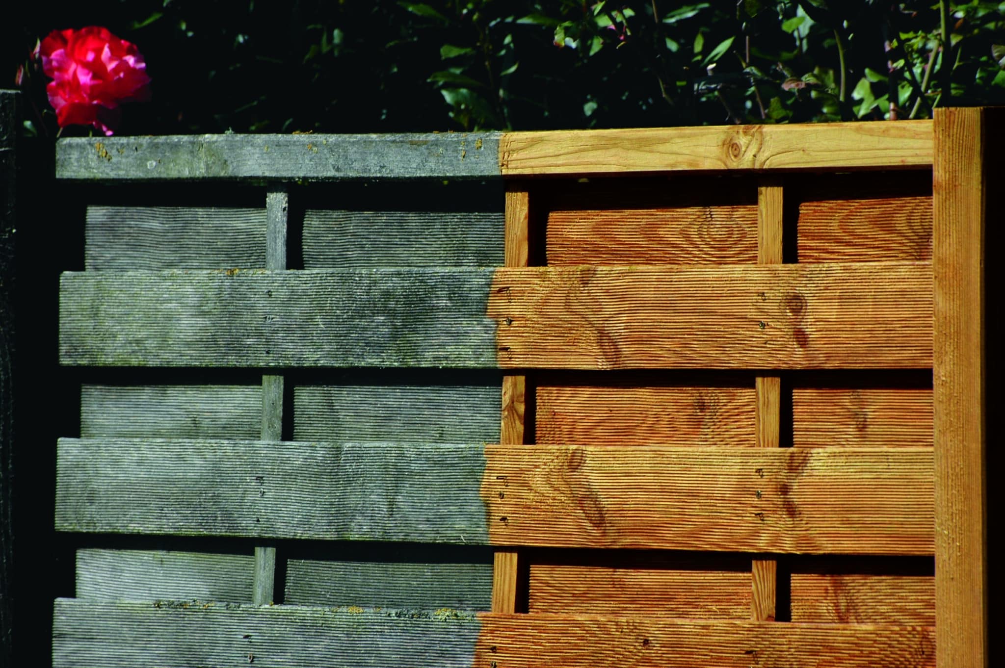 Before and after using Net-Trol on wooden fence