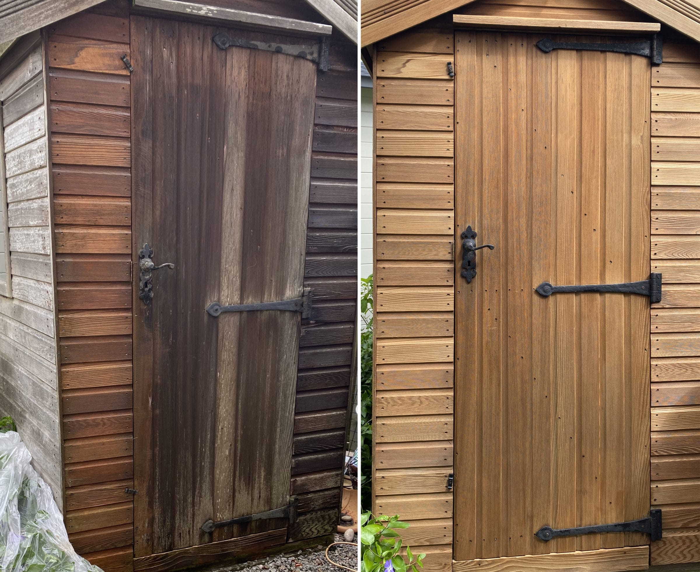 Cedar shed restored with Owatrol by Karen Park - before and after