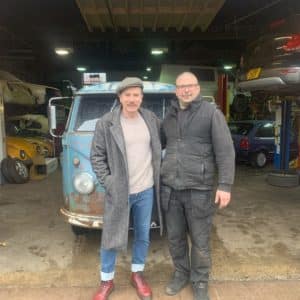 Chris of Garage 87 and Ewan McGregor with his VW panel van by Garage 87