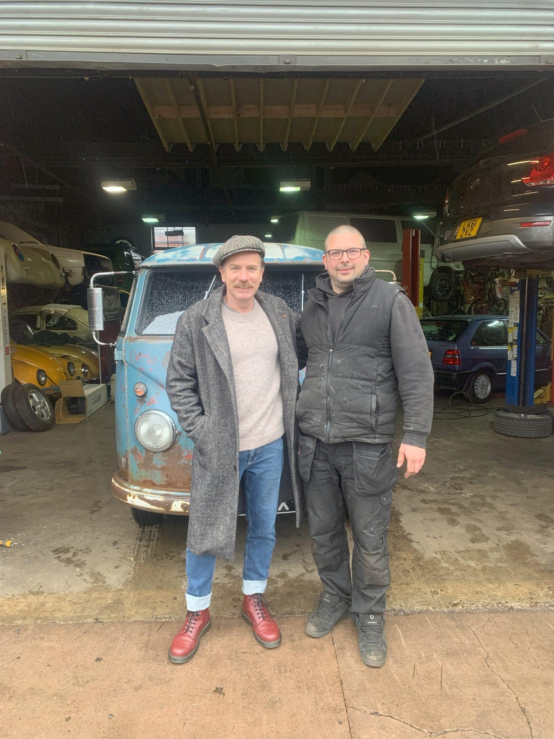 Chris of Garage 87 and Ewan McGregor with his VW panel van by Garage 87