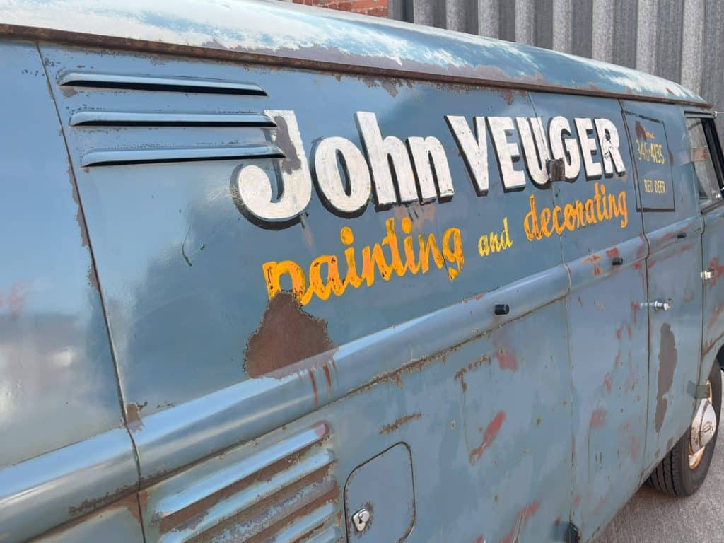 Close up of original sign writing on Ewan McGregor’s VW panel van by Garage 87